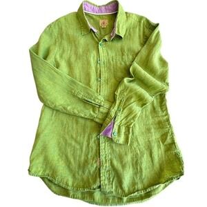 Trevero Women Lime Green 100% Linen Button Down Shirt Purple Trim Size Large